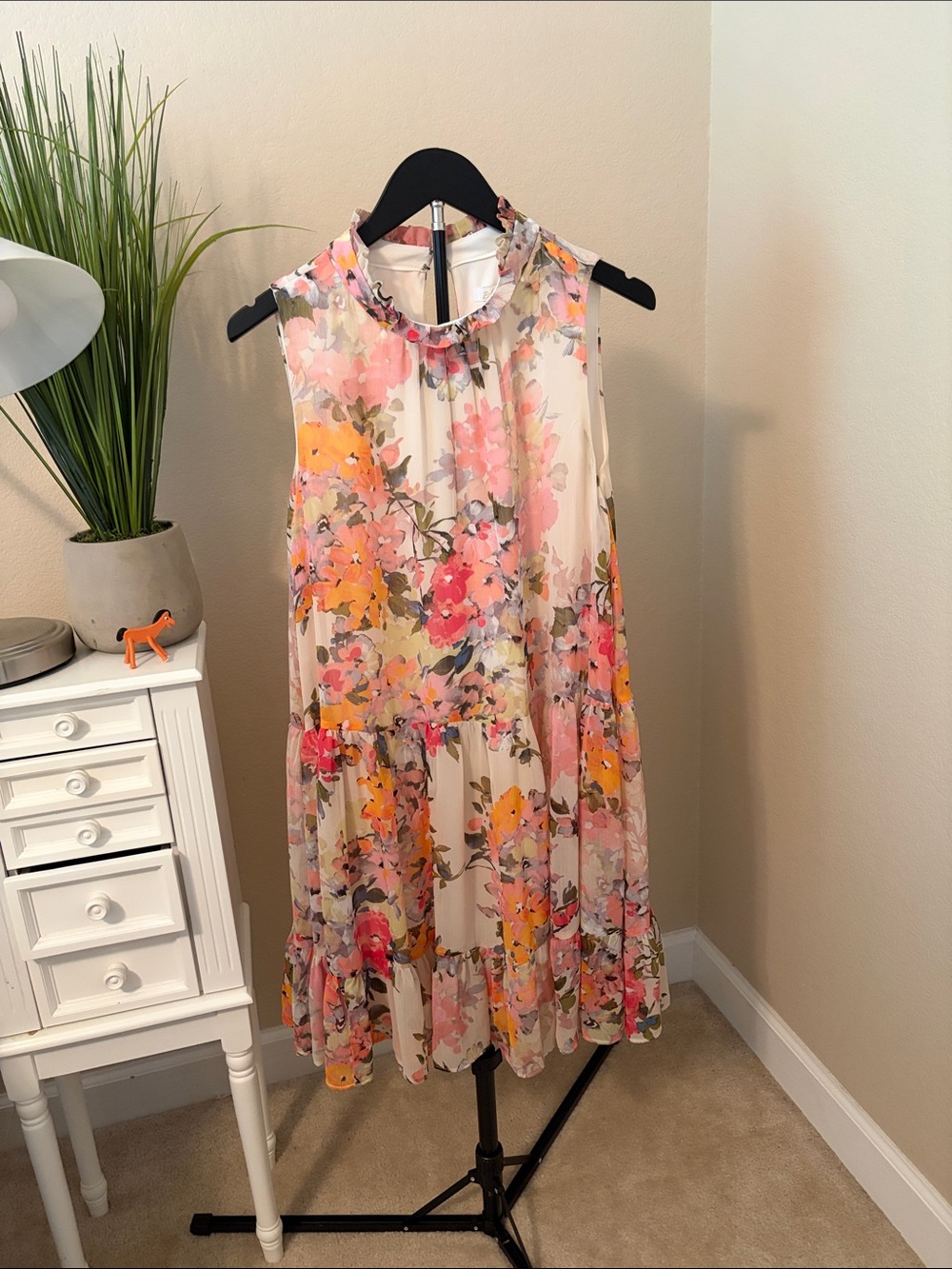 Sleeveless Floral Ruffle Neck Dress - Cream with Pink & Yellow Flowers XL
